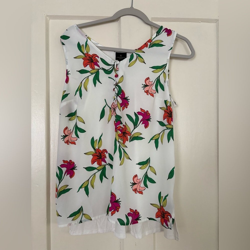 Worthington White Tank Top with Pink Floral Design
